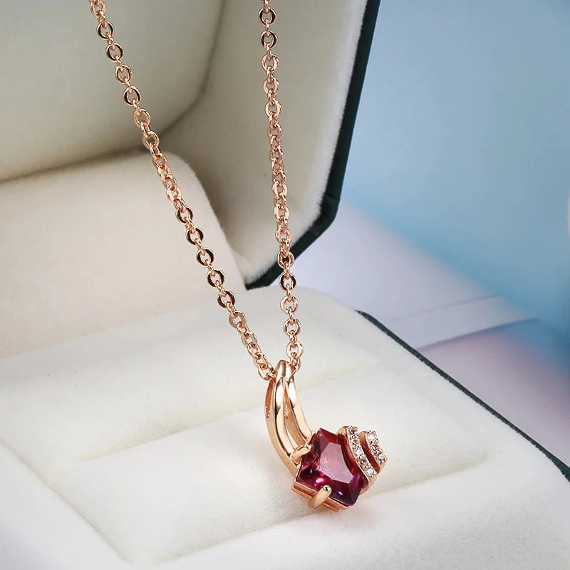 Kinel Hot Square Red Natural Zircon Pendant Necklace for Women Fashion 585 Rose Gold Color Pendant Wedding Jewelry Crystal Gift