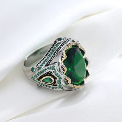 Kinel Vintage Ring for Men Green Natural Zircon Hand Engraved Pattern Ethnic Jewelry Punk Big Ring Best Daily Accessories