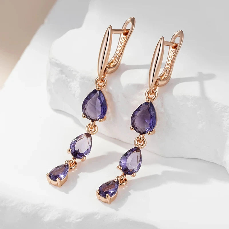 Wbmqda Shiny Purple Natural Zircon Long Dangle Earrings For Women 585 Rose Gold Color Wedding Party Fine Jewelry