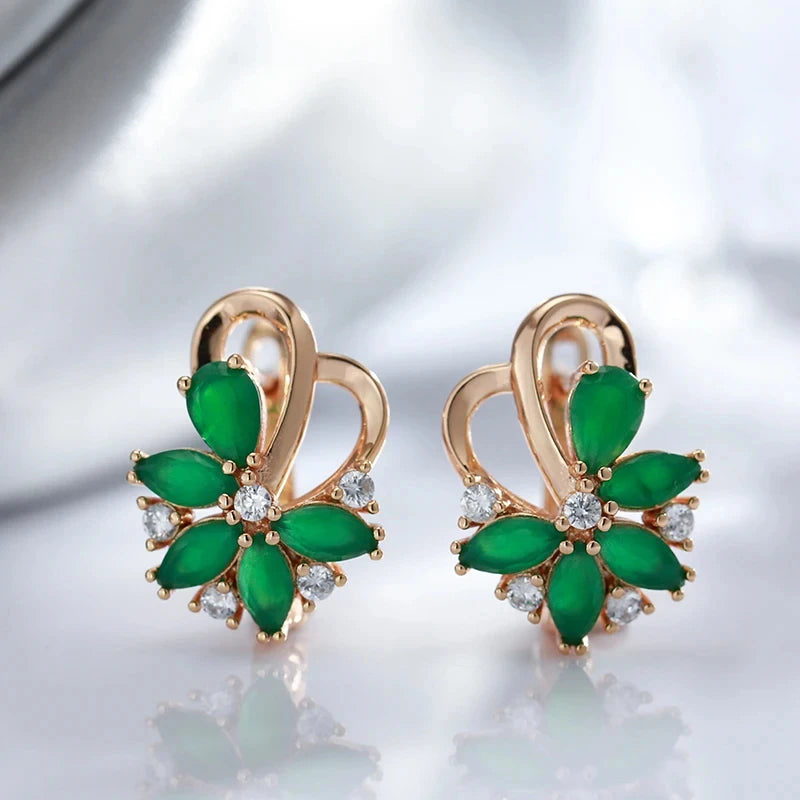 Wbmqda Luxury Green Crystal Flower Drop Earrings For Women 585 Rose Gold Color With Natural Stone Fine Wedding Party Jewelry