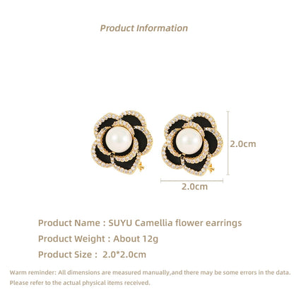 Elegant Temperament Earring Design With Oil Drop Simulation Pearl Camellia Flower Earrings