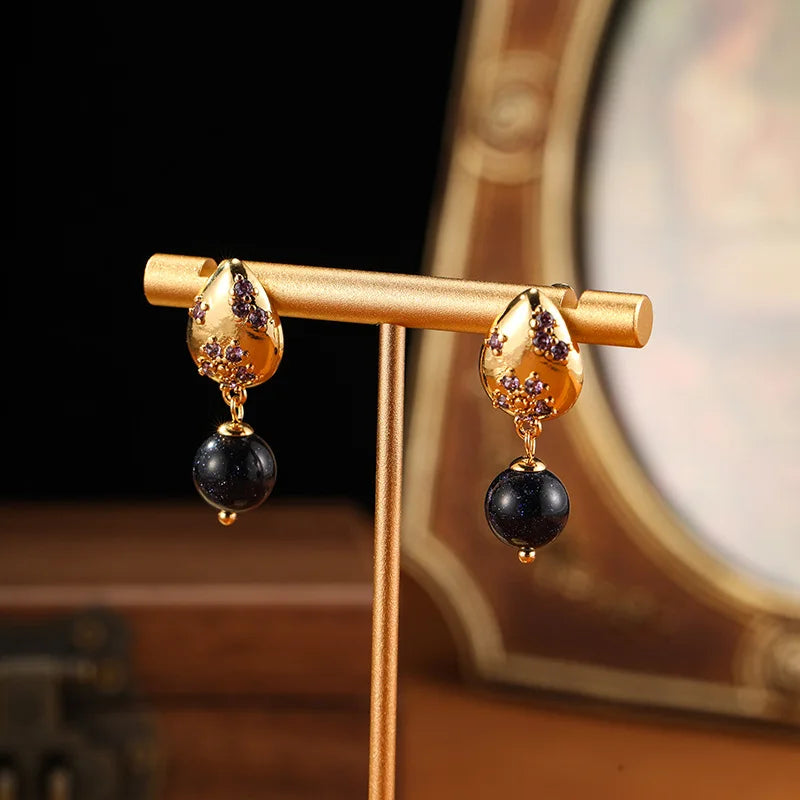 SUYU Medieval Women's Droplet Flower Earrings Fashion Elegant Light Luxury Zircon Droplet Stone Vintage Classic Earrings