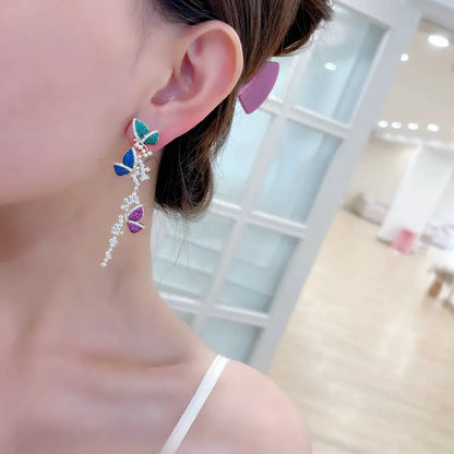 Colorful Cubic Zirconia Inlaid Earrings With a Sense Of Design Flying All Over The Sky Long Tassel Butterfly Earrings