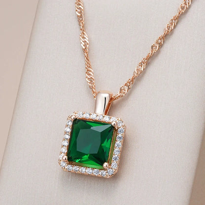 Wbmqda Square Green Stone Pendant And Necklace For Women 585 Rose Gold Color Luxury Zircon Jewelry Accessories