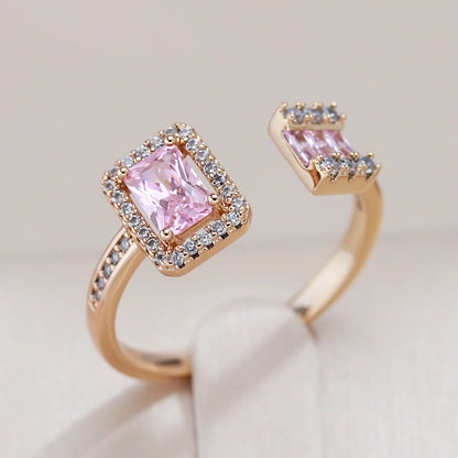 Kinel Hot Square Pink Natural Zircon Open Rings For Women Luxury 585 Rose Gold Color Bride Wedding Party Daily Jewelry