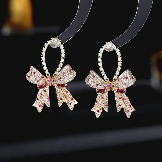 European and American Light Luxury Micro Inlay Technology Earrings with Colorful Zircon Inlay Designer Style Bow Knot Earrings