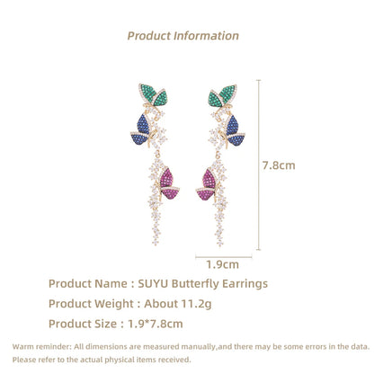 Colorful Cubic Zirconia Inlaid Earrings With a Sense Of Design Flying All Over The Sky Long Tassel Butterfly Earrings