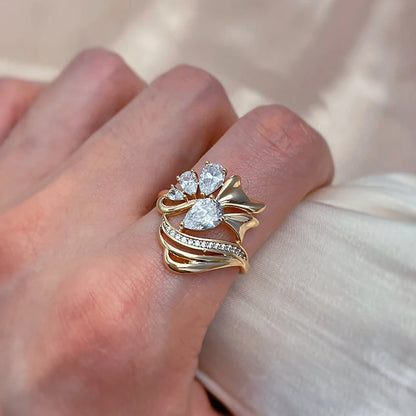 Wbmqda Luxury Crystal Flower Big Ring For Women 585 Rose Gold Color With White Natural Zircon Wedding Engagement Fine Jewelry