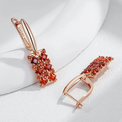 Wbmqda Luxury Red Natural Zircon Long Drop Earrings For Women 585 Rose Gold Color Wedding Party Fashion Dubai Jewelry