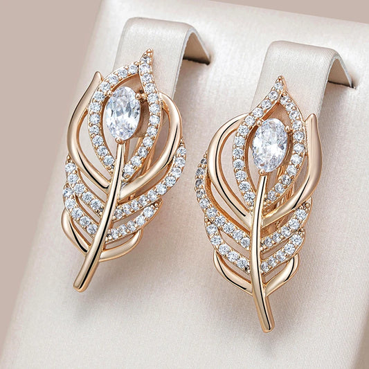 Kienl Luxury 585 Rose Gold Color Big Leaf English Earrings for Women Shiny Natural Zircon Accessories Daily Fine Vintage Jewelry