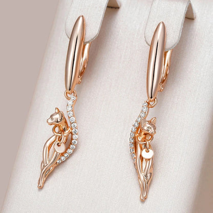 Wbmqda Unique Cat Shape Drop Earrings For Women 585 Rose Gold Color With White Natural Zircon Fashion Animal Jewelry Accessories