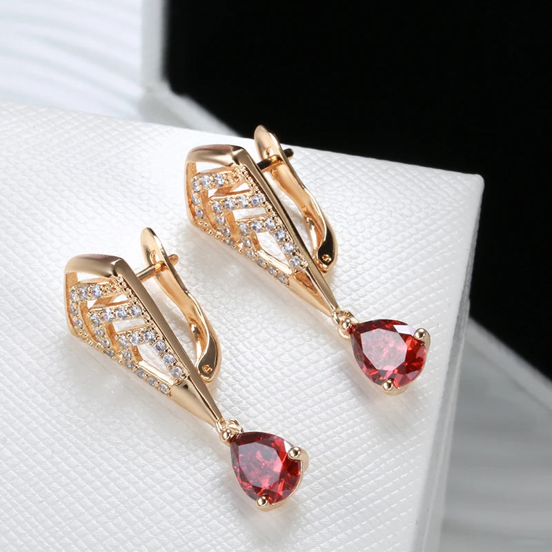 Wbmqda Luxury Elegant Red Natural Zircon Drop Earrings For Women 585 Rose Gold Color Ethnic Bride Wedding Party Fine Jewelry