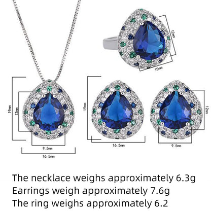 SUYU New Fashion Women's Light Luxury Design Water Drop Color Blocked Ring Zircon Micro Inlaid Pendant Set Holiday Gift