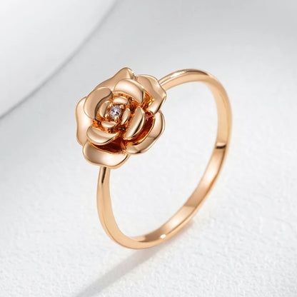 Wbmqda Simple Elegant Metal Flower Ring For Women 585 Rose Gold Color With White Natural Zircon High Quality Daily Fine Jewelry