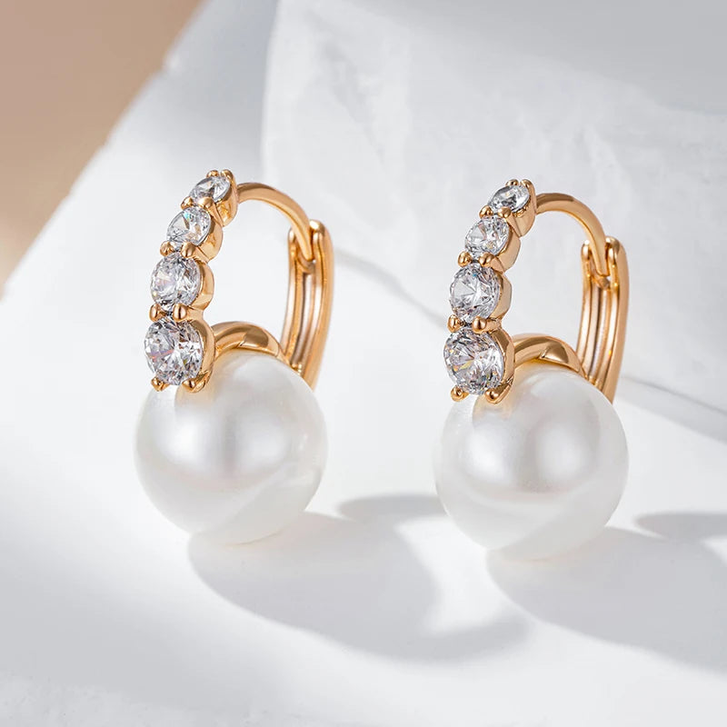 Wbmqda Luxury Elegant Pearl Drop Earrings For Women 585 Rose Gold Color Natural Zircon Setting Wedding Party Fine Jewelry Gifts