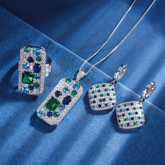 SUYU Fashionable Blue-Green Set Design Square Color Block Zircon Micro Set Pendant Ring Set Jewelry Accessories