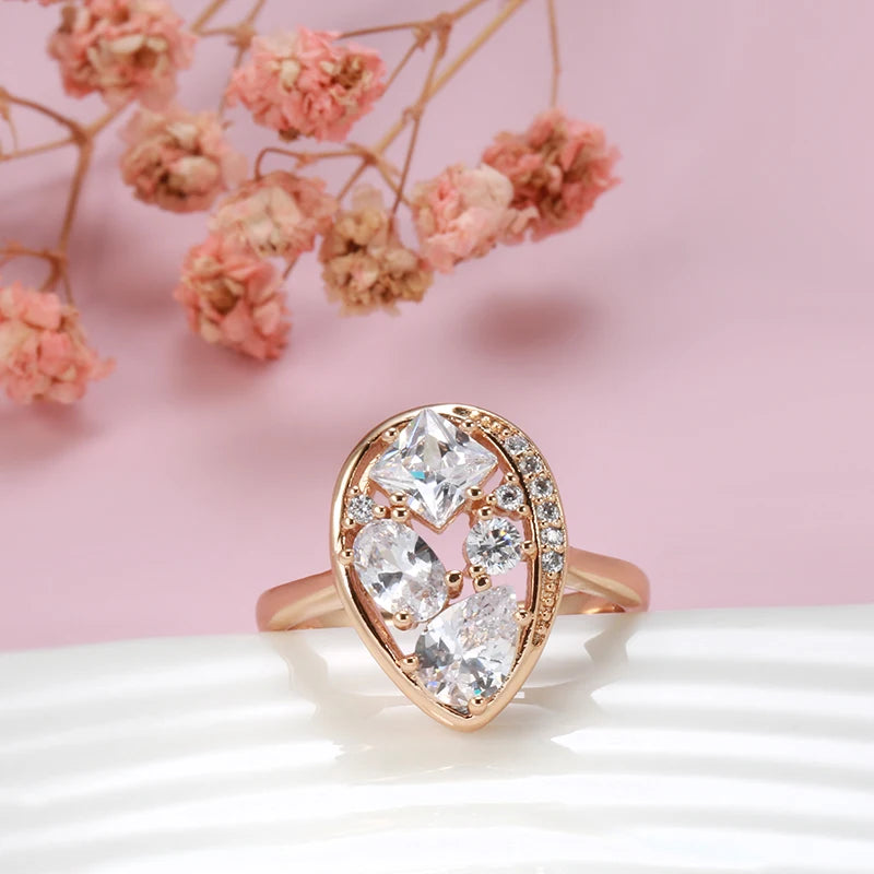 Kinel Fashion 585 Rose Gold Color Bride Wedding Ring Unique Full Natural Zircon Accessories Daily Fine Jewelry Gifts for Women