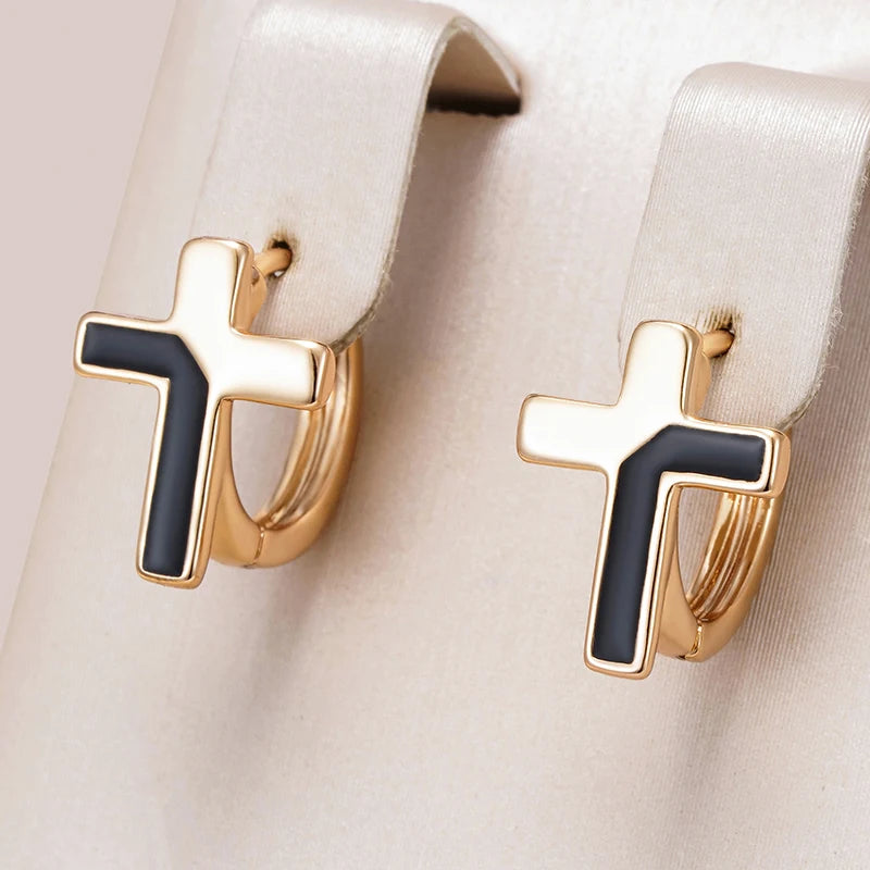 Wbmqda Unique Black Enamel Cross Pendant 585 Rose Gold Color Hoop Earrings For Women Fashion Punk Daily Party Fine Jewelry