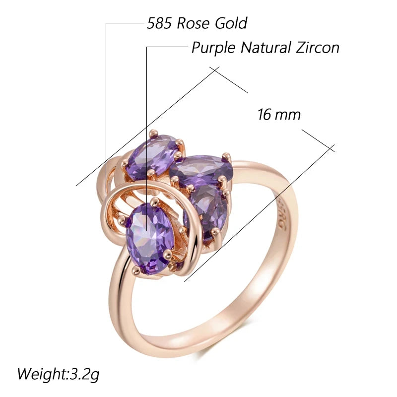 Wbmqda Purple Crystal Stone Flower Shape Ring For Women 585 Rose Gold Color Luxury Lilac Natural Zircon Jewelry Accessories