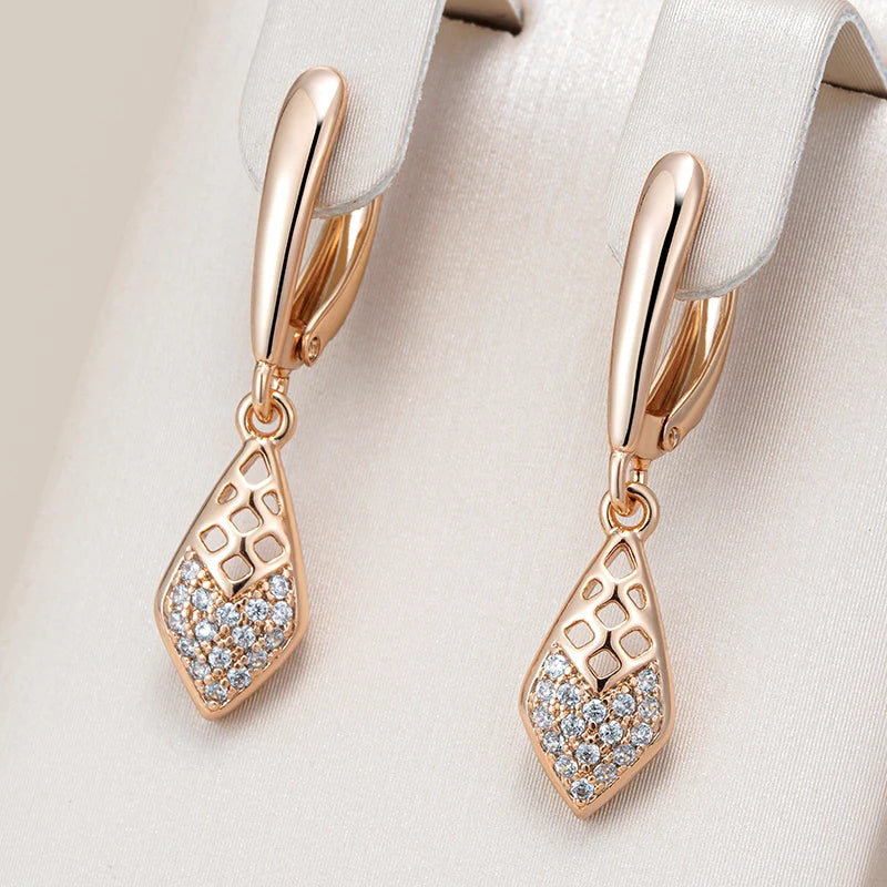 Wbmqda Fashion Hollow Lozenge Drop Earrings For Women 585 Rose Gold Color With White Natural Zircon Wedding Party Fine Jewelry