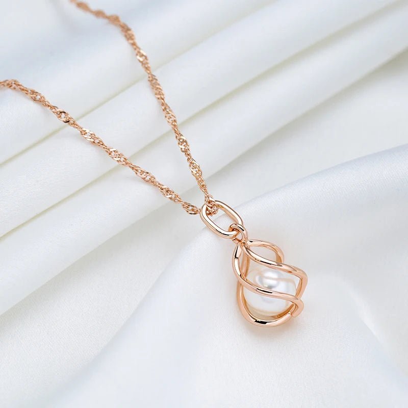 Kinel Luxury 585 Rose Gold Pendant Necklace for Women Unique Geometric Hollow Pearl Bridal Wedding Jewelry Daily Wear Gift