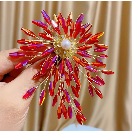 SUYU Hand Woven Corsage Red Dual Purpose Brooch Retro Artificial Crystal Flower Clothing Accessories Brooch