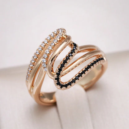 Kinel New 585 Rose Gold Twist Finger Rings For Women Micro Paved Black&White Natural Zircon Ring Ethnic Bride Wedding Jewelry