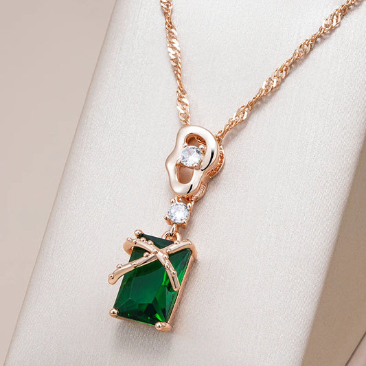 Kinel Luxury Square Green Natural Zircon Pendant Necklace For Women 585 Rose Gold Color Pendant Daily Easy Matching Fine Jewelry