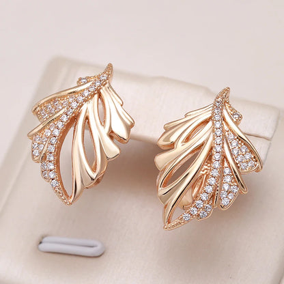 Wbmqda Fashion Leaf Drop Earrings For Women 585 Rose Gold Color With White Natural Zircon High Quality Daily Match Fine Jewelry