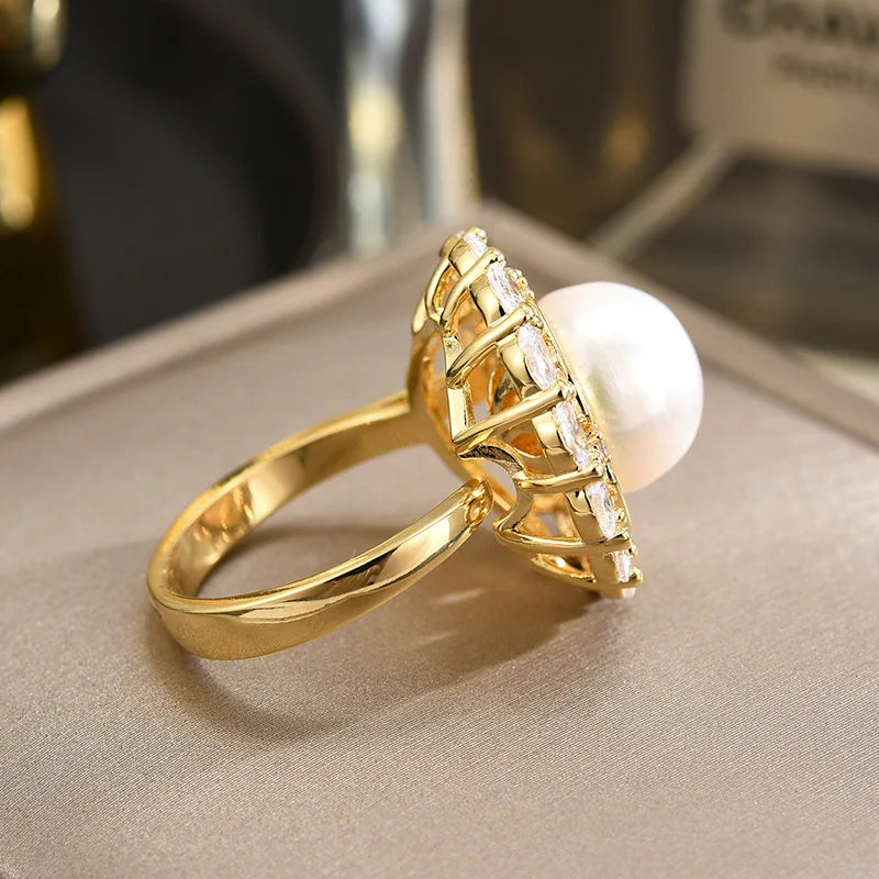 SUYU New Freshwater Imitation Pearl Zircon Open Ring With Stylish Design Light Luxury Ring For Women