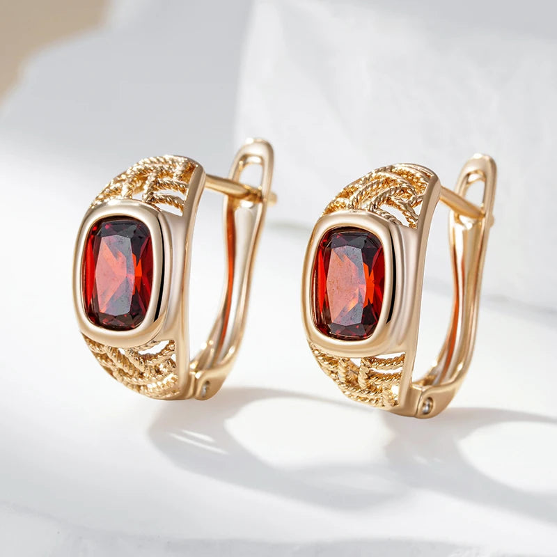 Wbmqda Classic Red Natural Zircon Drop Earrings For Women 585 Rose Gold Color High Quality Daily Party English Lock Jewelry