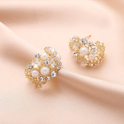 SUYU Earrings With Hollowed Out Half Rings And Simulated Pearl Shell White Flower Earrings