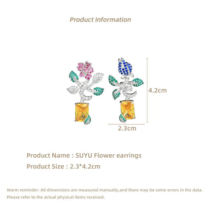 Spring Colorful Flower Earrings, Green Cubic Zirconia Flower Cluster Earrings Popular Fashion And Temperament Jewelry