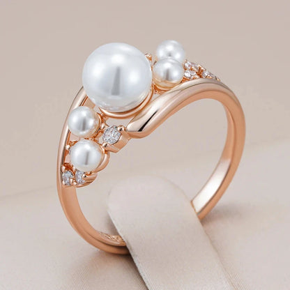 Wbmqda Cute Pearl Rings For Women 585 Rose Gold Color With Natural Zircon Elegant Daily Party Jewelry 2024 Best Gift