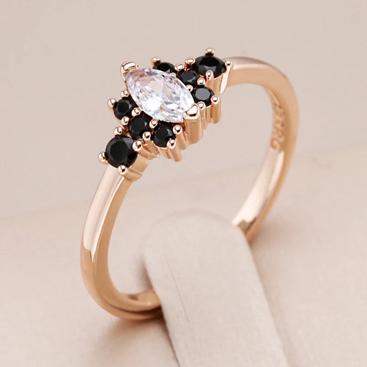 Kinel Unique Black with White Natural Zircon Ring for Women 585 Rose Gold Color Vintage Wedding High Quality Fine Daily Jewelry