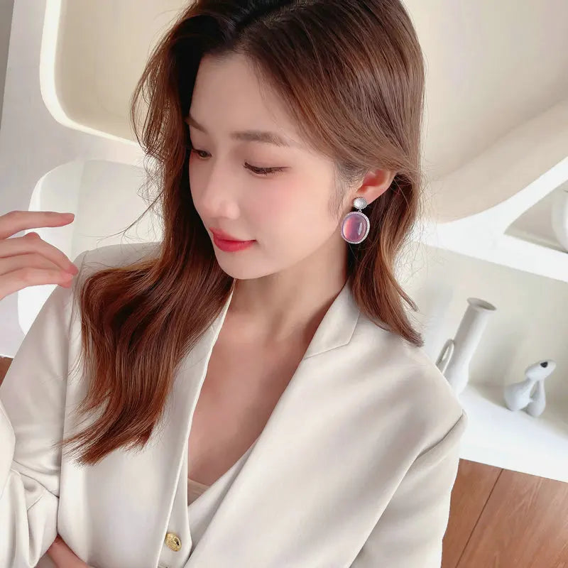 SUYU Palace Style Copper Inlaid Cubic Zirconia Earrings Exaggerated Atmosphere Dazzle Purple Oval Geometric Earrings