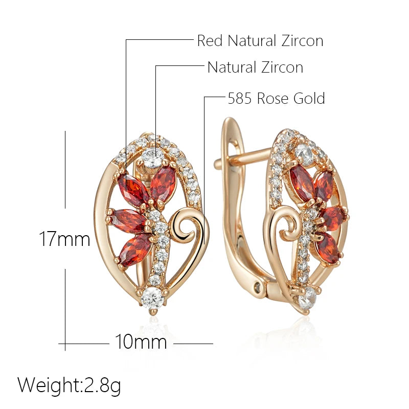 Wbmqda Luxury Red Crystal Flower Drop Earrings For Women 585 Rose Gold Color With White Natural Zircon Ethnic Wedding Jewelry