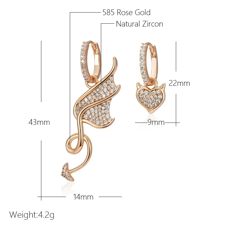 Wbmqda Devil Shape Asymmetrical Big Drop Earrings For Women 585 Rose Gold Color With Natural Zircon Personality Punk Jewelry