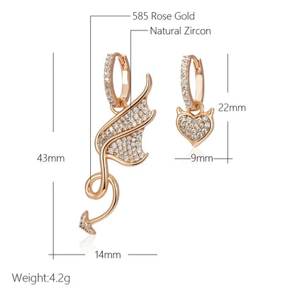 Wbmqda Devil Shape Asymmetrical Big Drop Earrings For Women 585 Rose Gold Color With Natural Zircon Personality Punk Jewelry