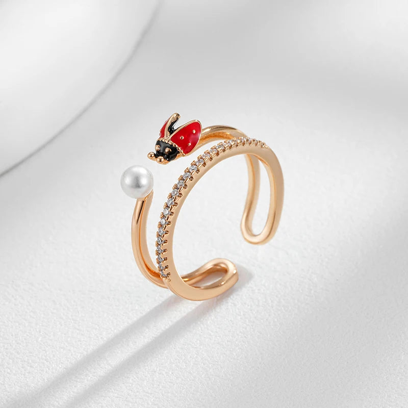 Wbmqda Cute Pearl Ladybug Open Ring For Women 585 Rose Gold Color Natural Zircon Setting Unique Christmas Jewelry Gifts