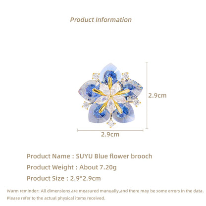 Fashionable And Elegant Blue Flower Brooch Sparkling Snowflake Shape Personalized Brooch Blossom Suit Coat Temperament Pins