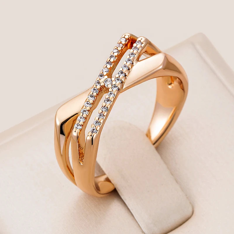 Wbmqda Simple Geometric Cross Zircon Ring For Women 585 Rose Gold Color Modern Trendy Style High Quality Daily Matching Jewelry