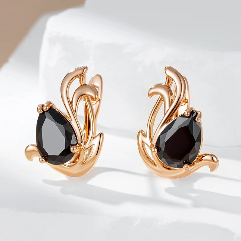 Wbmqda Elegant Black Natural Zircon Drop Earrings For Women 585 Rose Gold Color Simple Geometric Design Daily Match Fine Jewelry