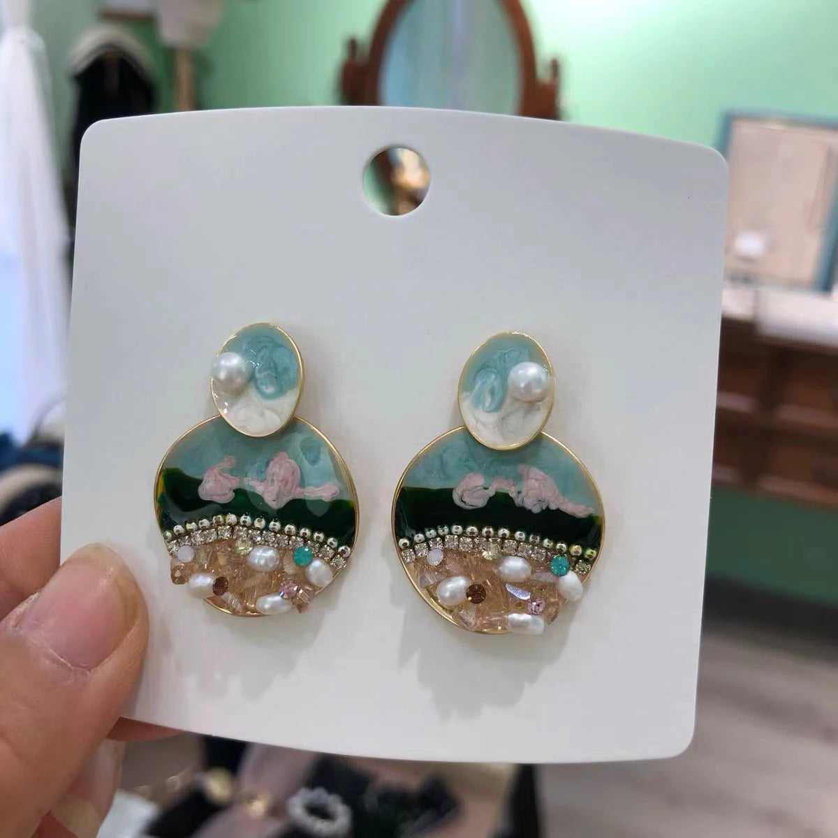 SUYU Chinese Style Artistic Oil Painting Series Simulation Pearl Enamel Earrings Women's Fashion Earrings Versatile Accessories