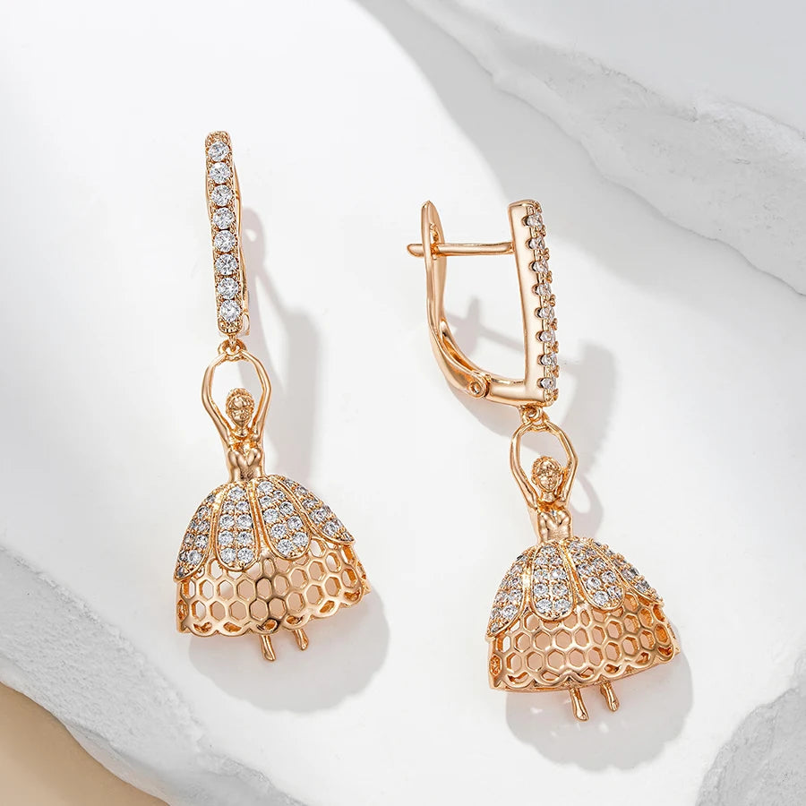 Wbmqda New Fashion Design Ballerina Zircon Pendant Earrings For Women 585 Rose Gold Color Luxury Trendy Jewelry Accessories