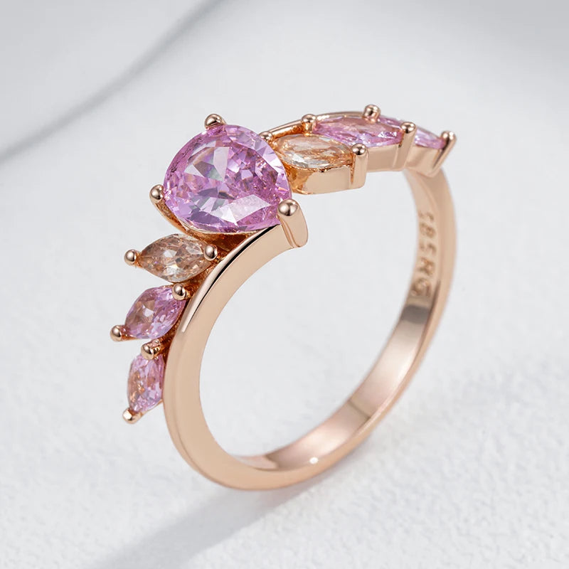 Kinel Luxury 585 Rose Gold Color Ring For Women Shiny Pink Natural Zircon Accessories Daily Fine Jewelry Best Gift