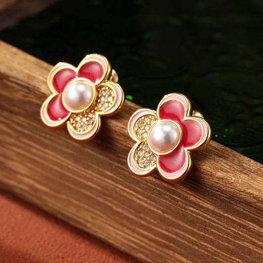 Summer Design Fashionable Vintage Earrings Sweet And Colorful Imitation Pearl Paired With Light Luxury Flower Women's Earrings