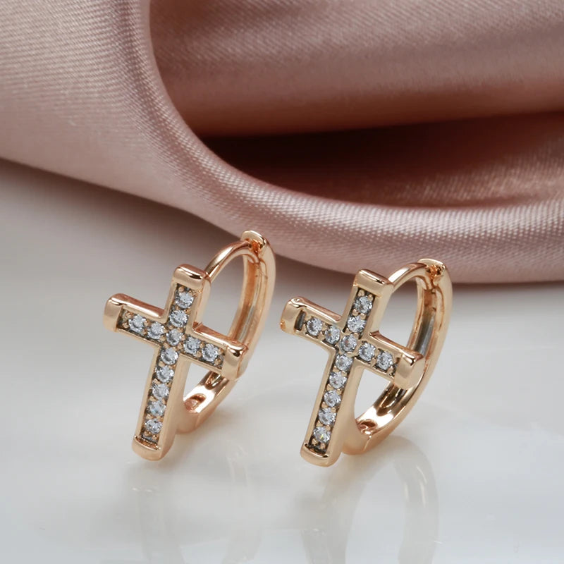 Wbmqda Fashion Cross Pendant 585 Rose Gold Color Natural Zircon Hoop Earrings For Women Unique Daily Matching Jewelry