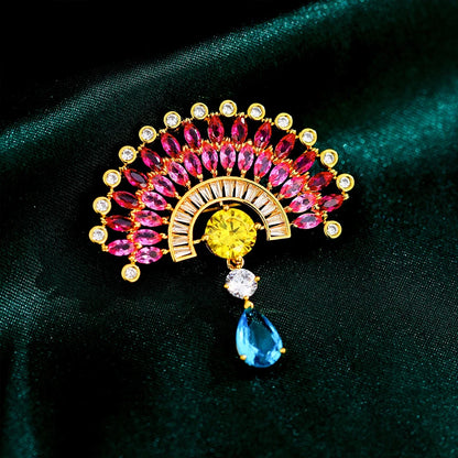 SUYU Inlaid Color Cubic Zirconia Fan Brooch Water Drop Shaped Brooch Ornament Gift Pin