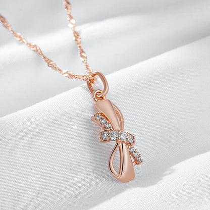 Wbmqda Cute Bowknot Pendant And Necklace For Women Girls 585 Rose Gold Color With Natural Zircon Trendy Jewelry Gifts